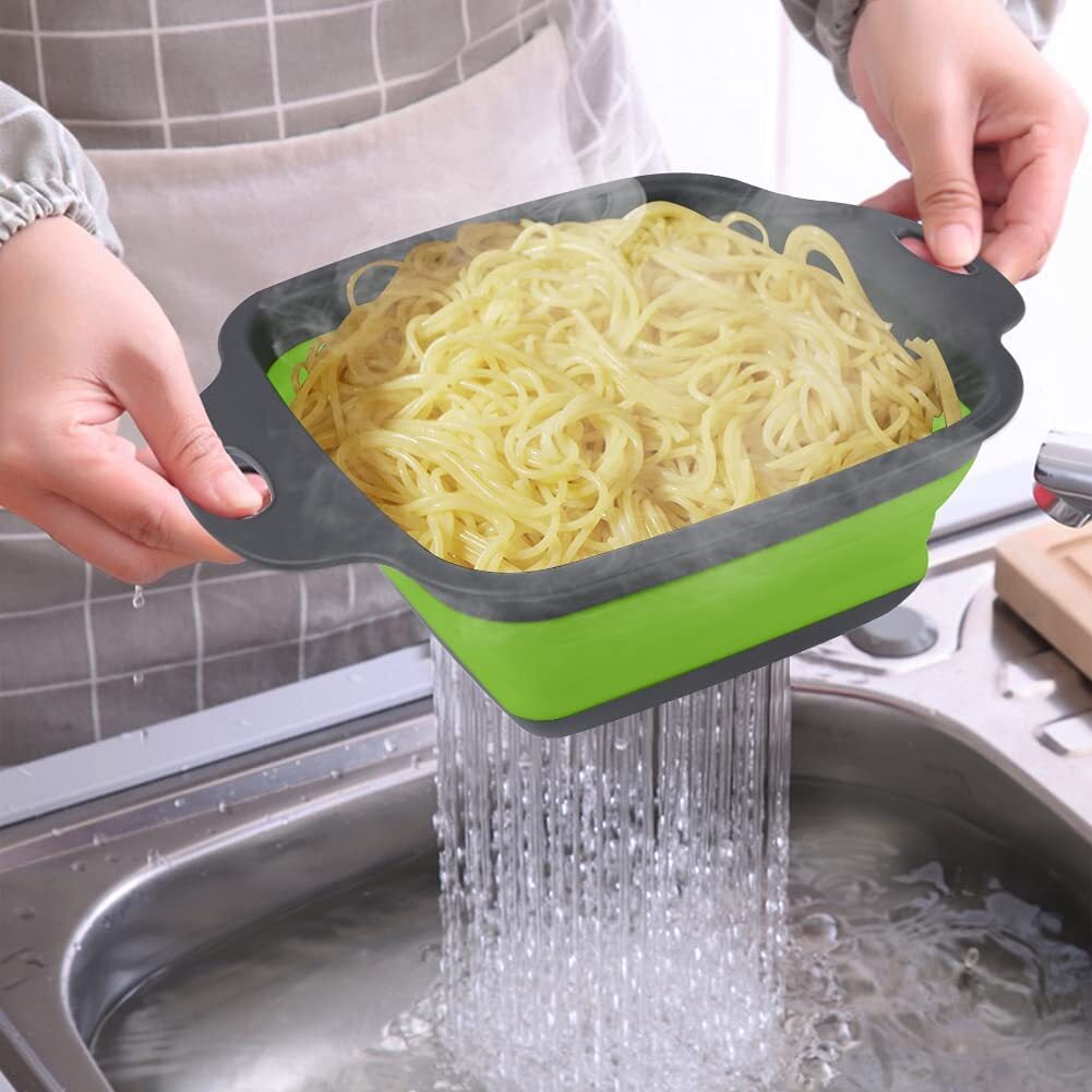 Kitchen Square Silicone Foldable Pasta Strainer Collapsible Colander Set  Green
