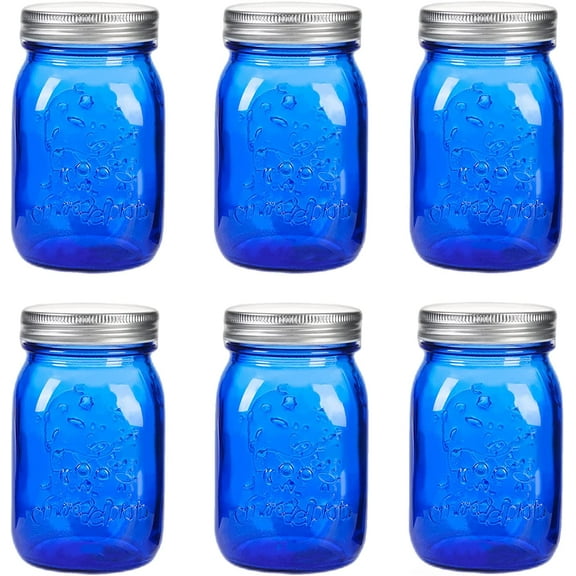 16 oz Blue Mason Jars with Lids，Regular Mouth Canning Jar, 6 Pack Multifunction Glass Container, for Storage, Canning, Pickling, Preserving, Fermenting, DIY Crafts & Decor…