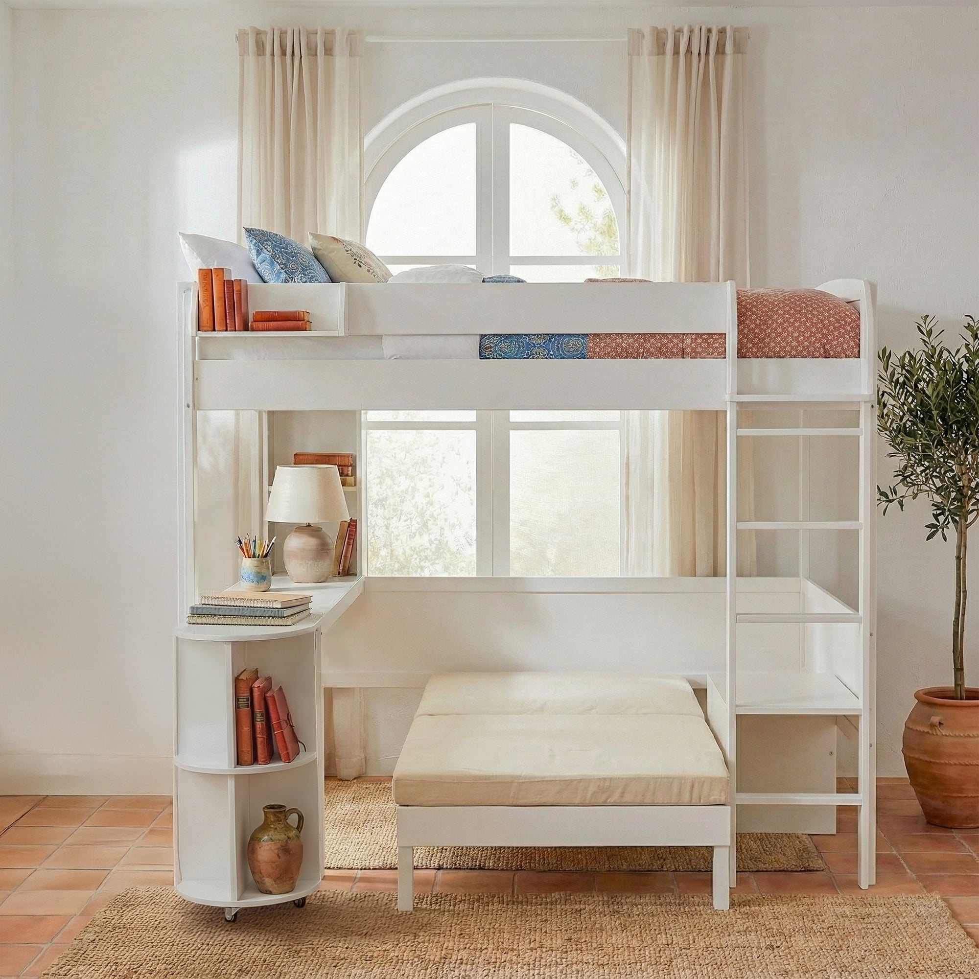 Mintazer Full Size Loft Bed with Desk, LED Light, Bedside Storage Shelf & Sofa Bed Space Saving for Apartment, Bedroom, White