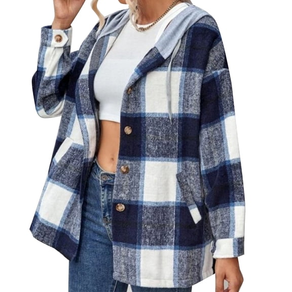 Gealach 1PC Plus Size Dark Blue Plaid Jacket, Hooded Long Sleeve Flannel, XL