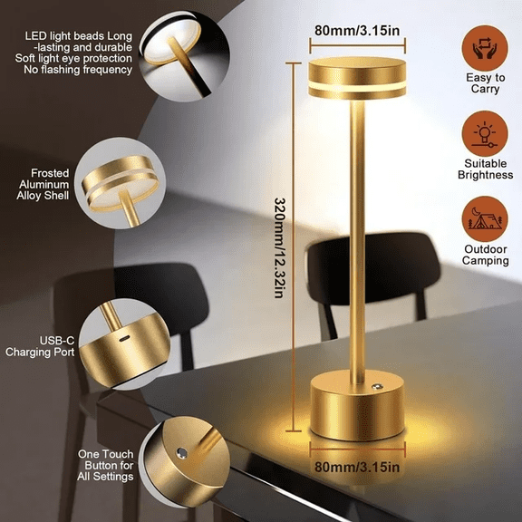 SJPACK Cordless Metal Desk Lamp, Portable Touch Control LED Table Lamp with 3 Dimmable Color Settings, Rechargeable Light for Bedroom, Desk, Cafe, Dining Room