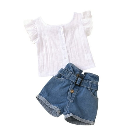 

ZRBYWB Toddler Girl Clothes Lace Fly Sleeve Ruffles Solid T Shirt Tops Casual Jeans Shorts Outfits