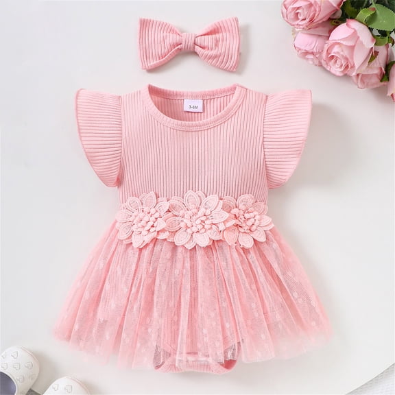 Infant Ribbed Romper Dress with Skirt 3D Floral Waist Detail Short Flutter Sleeves Cute Summer Outfit Pink 0-3 Months