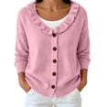 thumbnail image 3 of SAWOBUUN Womens Ruffle V Neck Knit Cardigan Button Down Long Sleeve Casual Lightweight Sweater Jacket, 3 of 7