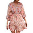 thumbnail image 1 of Robe Décontractée pour Femmes à Col en V Imprimé Élastique Manches Trois-Quarts Jupe à Lacets, 1 of 6