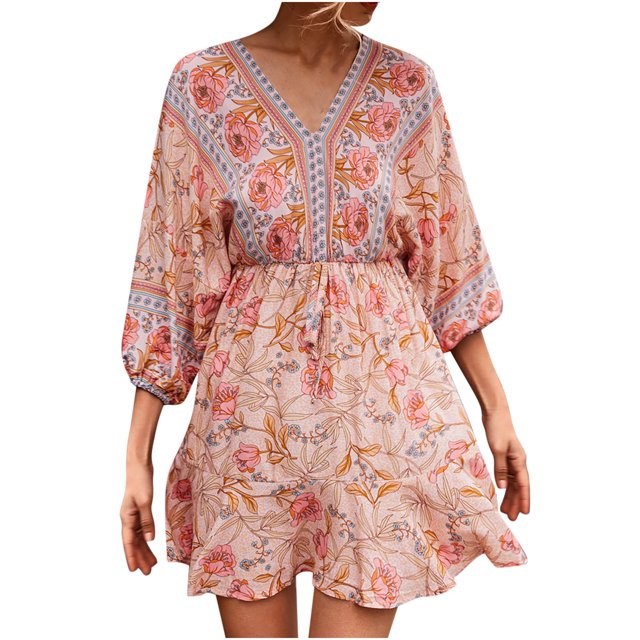 Robe Décontractée pour Femmes à Col en V Imprimé Élastique Manches Trois-Quarts Jupe à Lacets