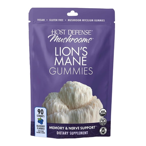 Host Defense Mushrooms Lion's Mane Gummies - Brain Health Support - Mushroom Supplement to Support Focus & Memory Function - Immune & Nervous System Support - Blueberry, 90 Gummies