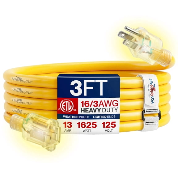3ft Outdoor/Indoor Extension Cord 16/3 Gauge Heavy Duty 3 Prong SJTW, Waterproof, ETL Listed, Flexible Cold-Resistant Long Power Cord,13A 125V 1625W, Yellow by LifeSupplyUSA