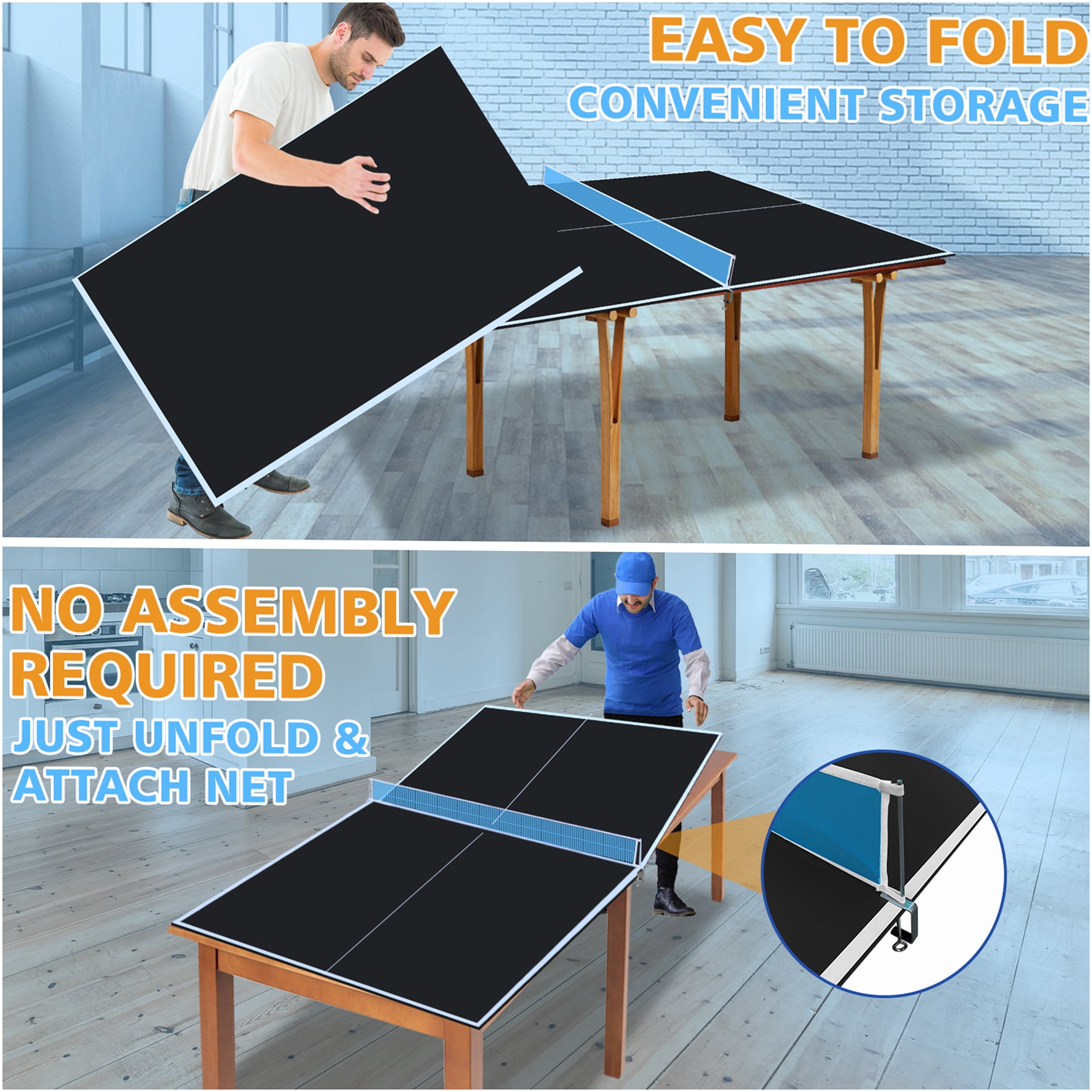 JERFIT 7x4ft Foldable Ping Pong Table Top for Indoor Use, Portable MDF Conversion Top with Net, Professional Mid-Size Black Table Tennis Surface