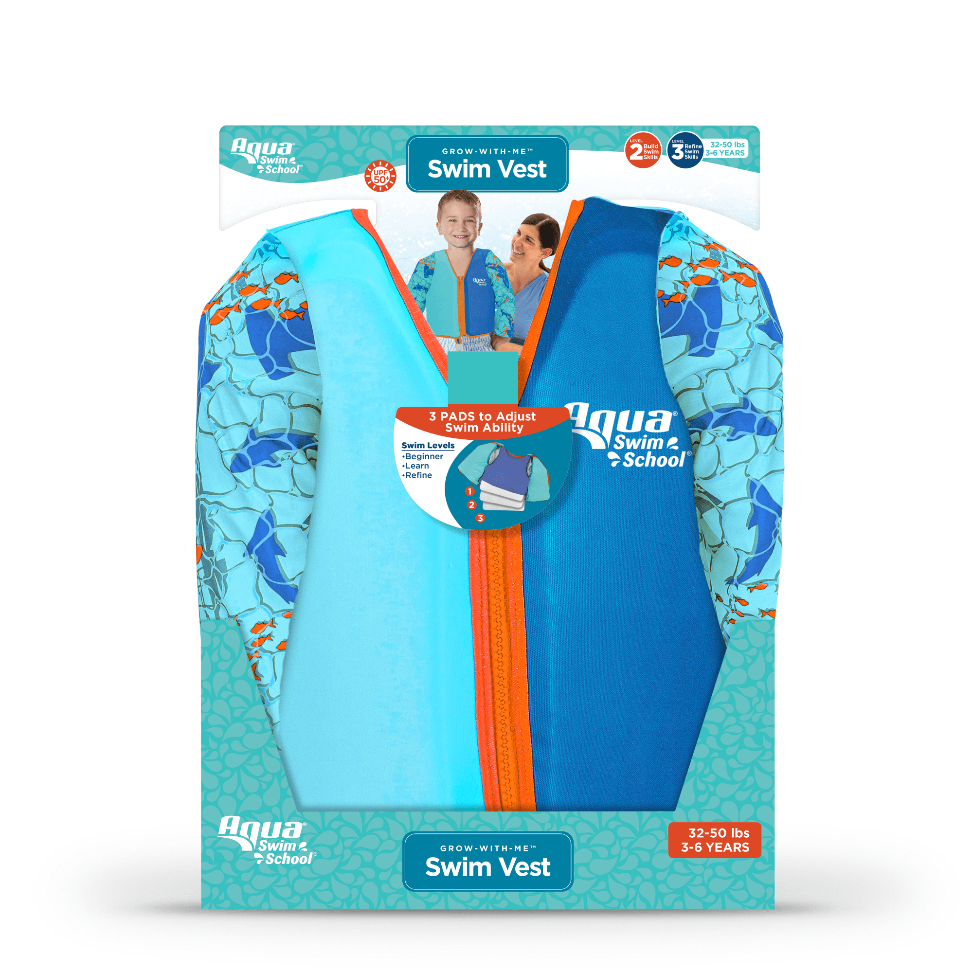 (2 pack) Aqua SwimSchool Grow-with-Me Swim Vest, Ages 3-6, Blue Shark