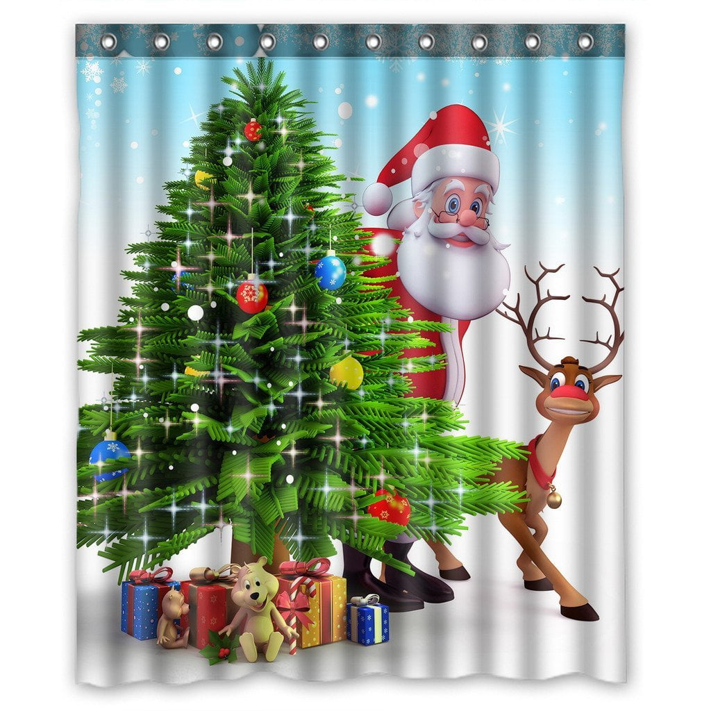 GCKG Christmas Tree Reindeer Xmas Bathroom Shower Curtain, Shower Rings