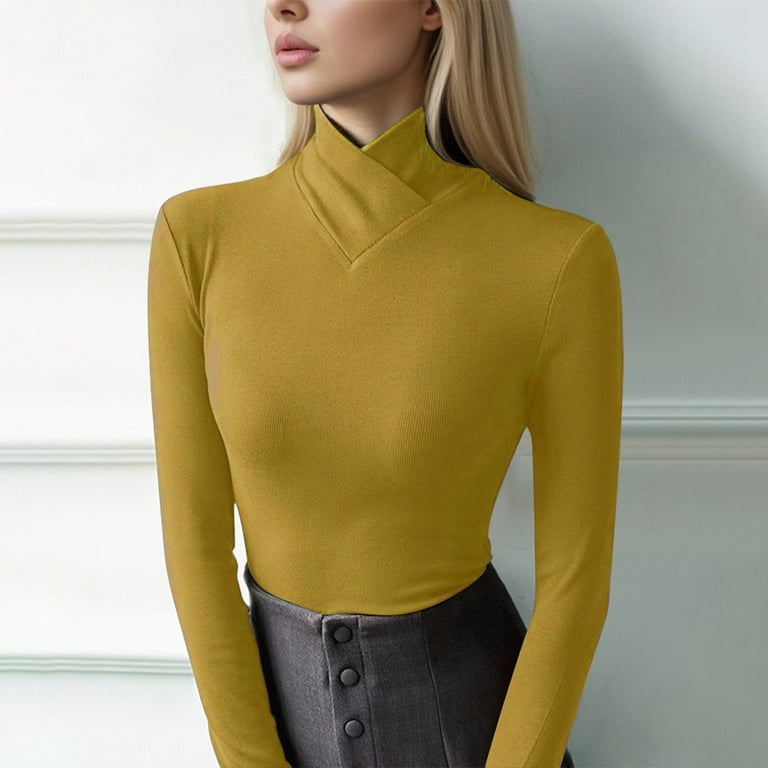 Womens Tops Blouses Warm Maillard Style Semi High Neck Long Sleeve