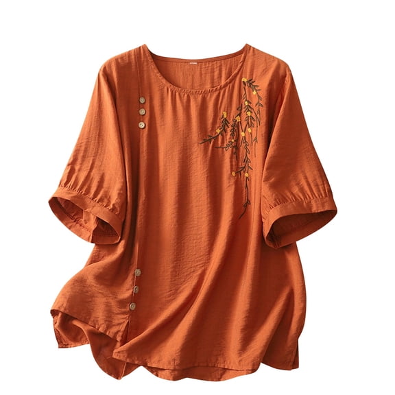 Womens Cotton Linen T-Shirts, Short Sleeve Shirts for Women Summer Casual Vintage Embroidered Floral Printed Crewneck Dressy Blouses M-2XL
