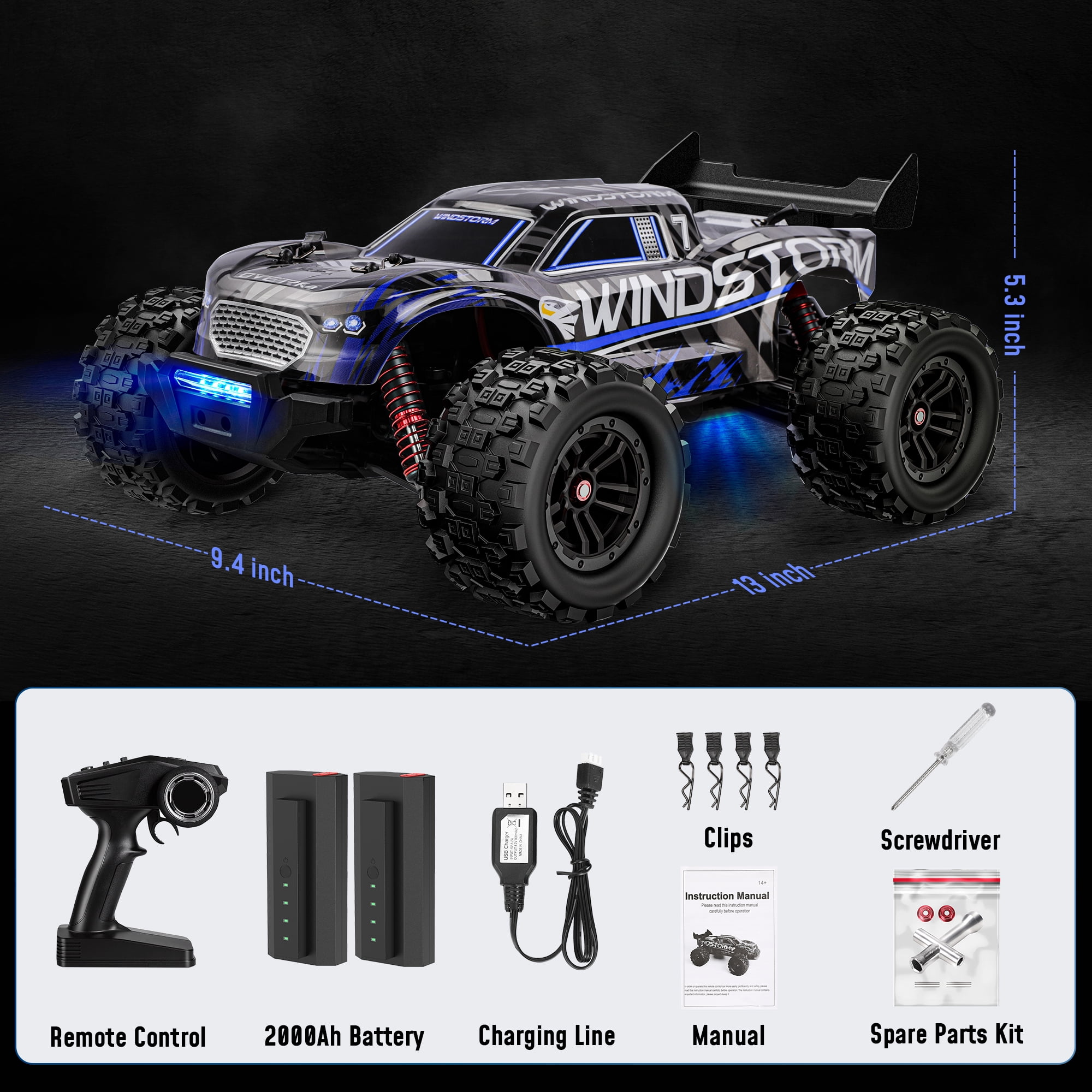 Tcovle 1:14 RC Cars, 40+ KM/H Fast RC Monster Truck Remote Control Car with Metal Drivetrain, 4WD All-Terrain, 2 Batteries, RC Toy Car Gift for Kids, Teens & Adults