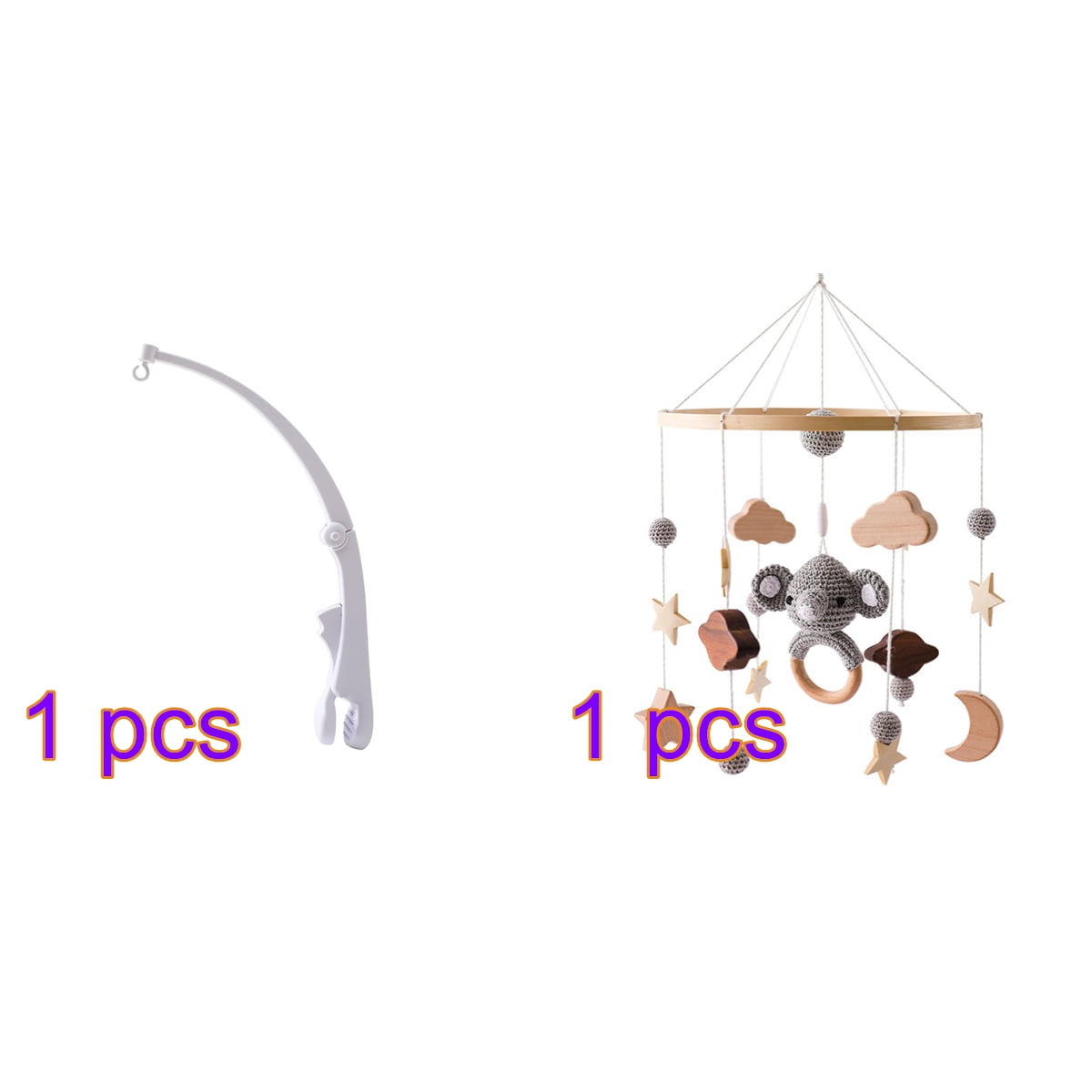Baby Crib Bell Mobile – Wooden Rotating Wind Chimes with Star, Moon & Cloud Crochet Pendants, Soothing Sleep Aid & Interactive Nursery Toy for Newborns