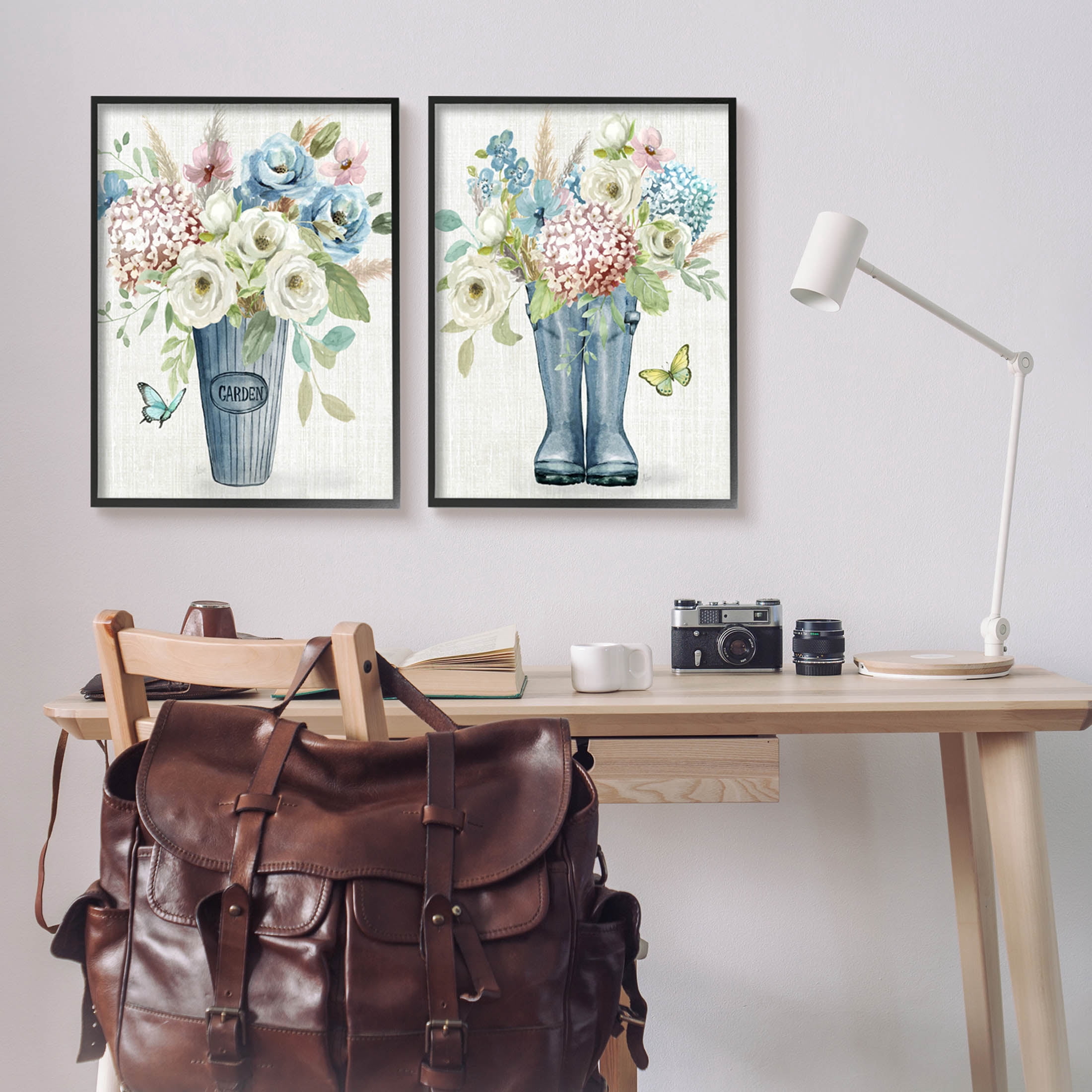 Country Garden Bouquets Rain Boots Botanical & Floral Graphic Art Black Framed Art Print Wall Art, Set of 2