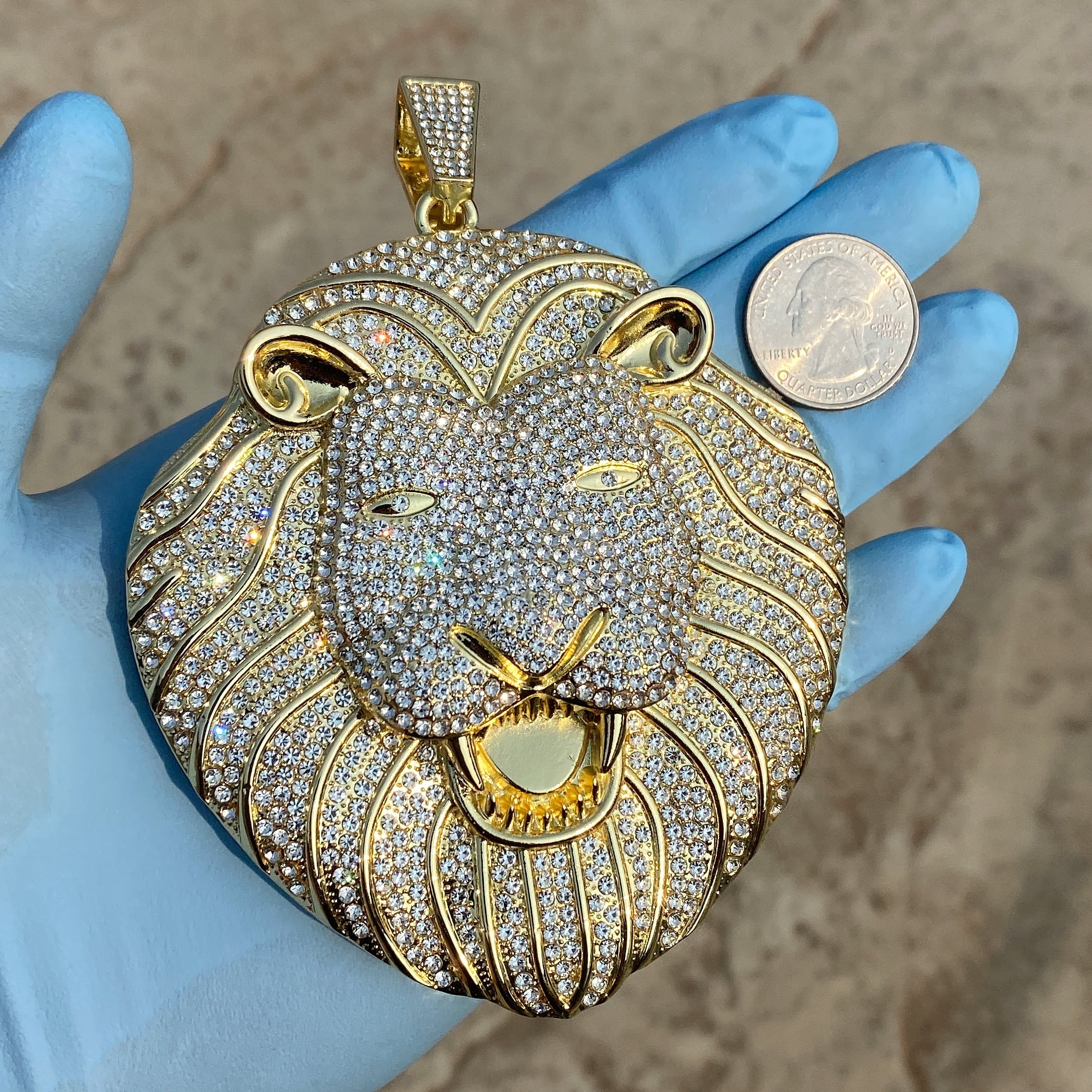 Mens Big Huge Lion Head Jumbo Size Hip Hop Pendant Iced 14K Gold Finish Flooded Out Charm
