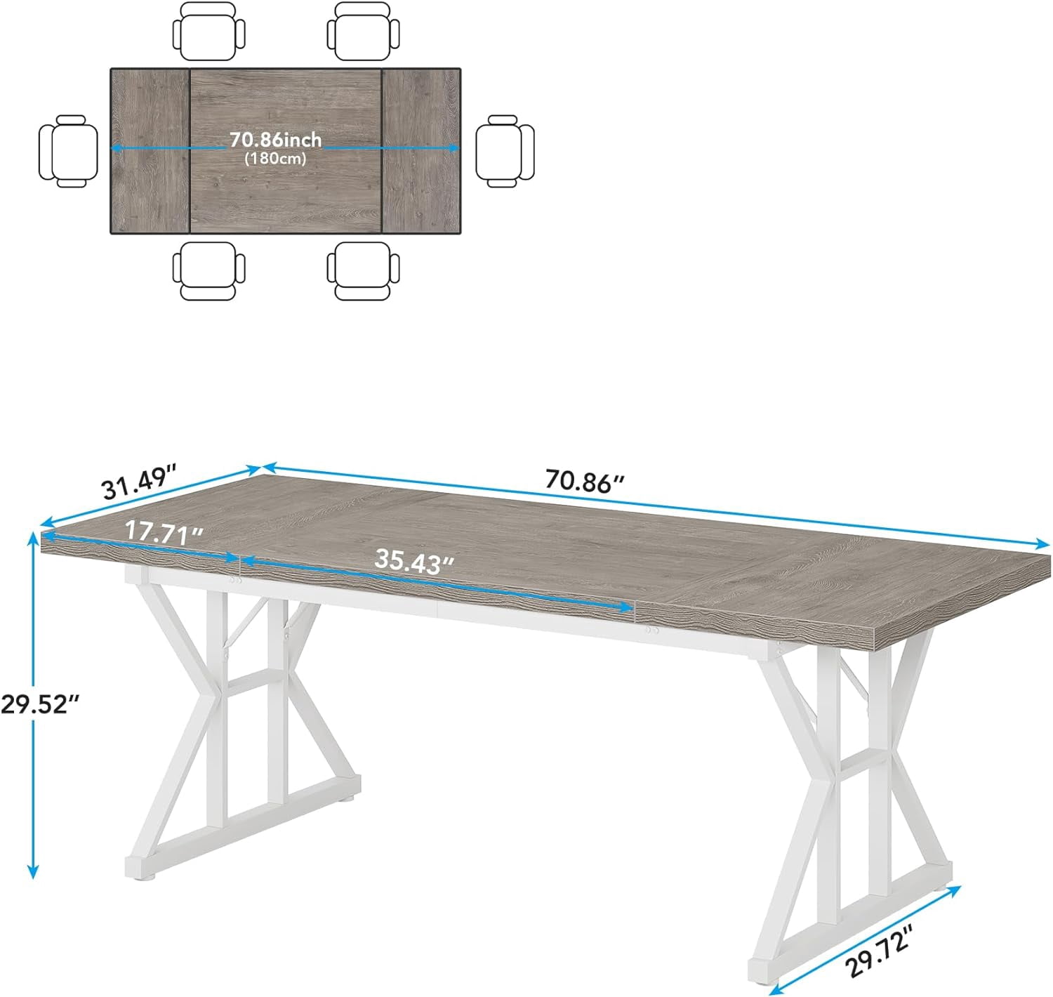 Finmind Farmhouse Dining Table for 6, 71" Rectangular Wood Kitchen Table for Dining Room, Kitchen(Grey/White)