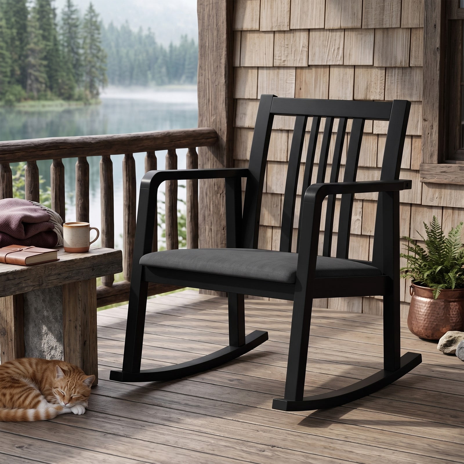 Furnibear Rocking Chair with Slatted Back, Curved Armrests and Soft Padded Fabric Seat for Living Room, Bedroom and Nursery, Black