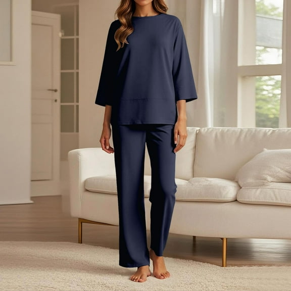 Women's Casual Trousers Suit Set Comfortable Round Neck Long Pants Outfit For Daily Wear Vacation Spring Summer Fall Womens Snow Overalls Two Piece Suits Women Woman Suites Lawyer Suits for Women