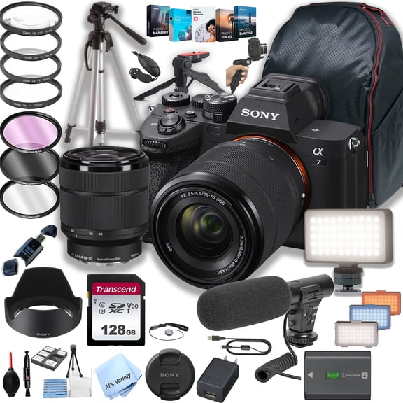 Sony a7 IV Mirrorless Digital Camera with 28-70mm Lens     128GB Memory   LED Video Light   Microphone   Back Pack   Steady Grip Pod   Tripod   Filters   Software (International Model)