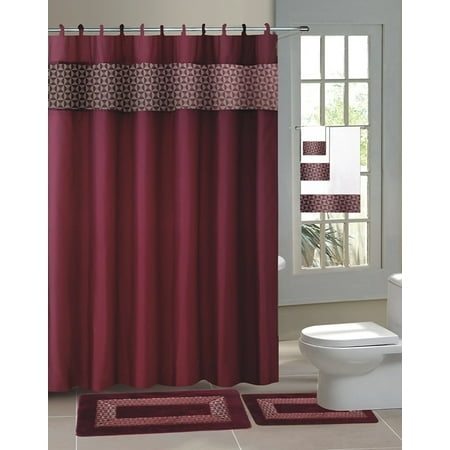 15pc BURGUNDY FRESCO  Bathroom Set Printed Banded Rubber Backing Rug Bath Mats With Fabric Shower Curtain & Hooks New