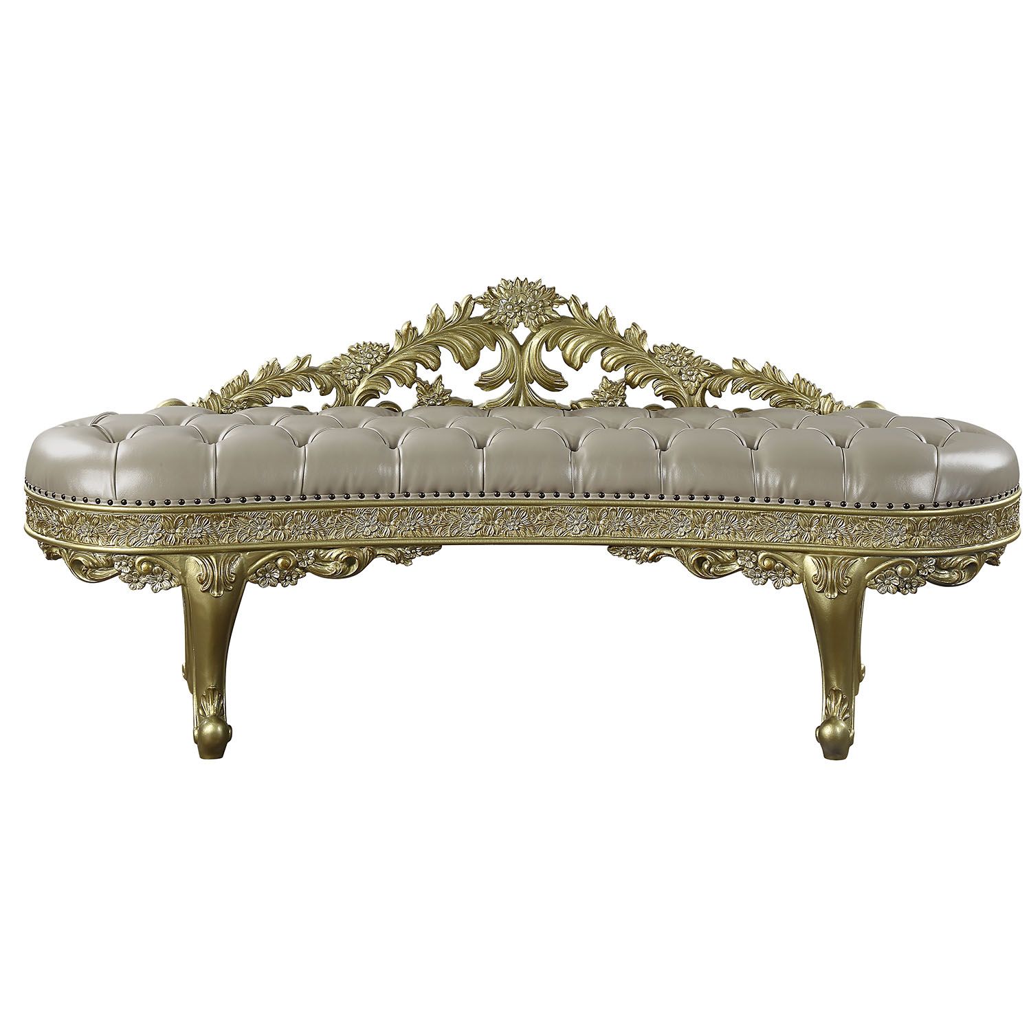 ACME Cabriole Wooden Upholstered Tufted Bench in Light Gold and Gold