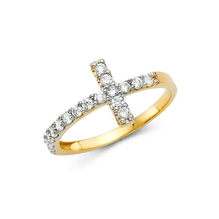 Cross Solid 14k Gold Ring - 14K Solid Gold Large Cross Cubic Zirconia Fancy Ring, Size 4