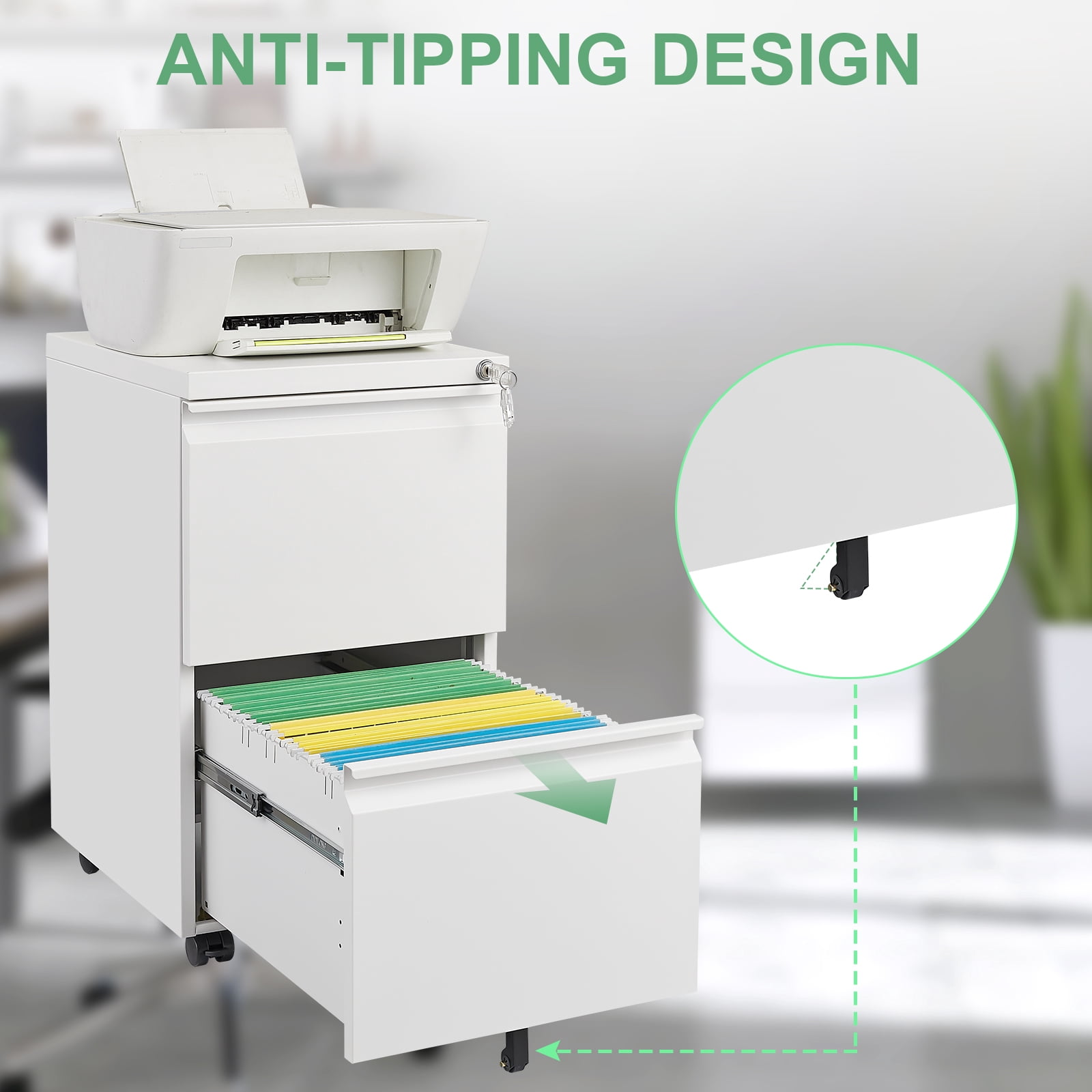 NICEGDLT 2 Drawer Mobile File Cabinet,Under Desk Anti-tip Files Cabinet,Metal Storage Filing Cabinet with Lock and Wheels,Office Storage Cabinet for Legal/Letter/A4 File,White