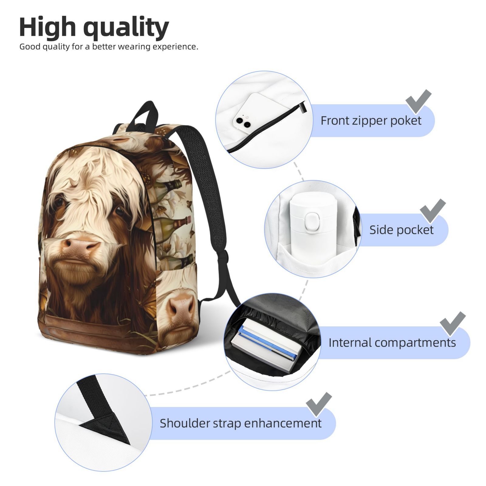 Ratiio Butterfly Cow Barrel Print Canvas Backpack for Women & Men Retro Aesthetic Rucksack Basic Backpack for High School/College Students Travel Laptop Bag