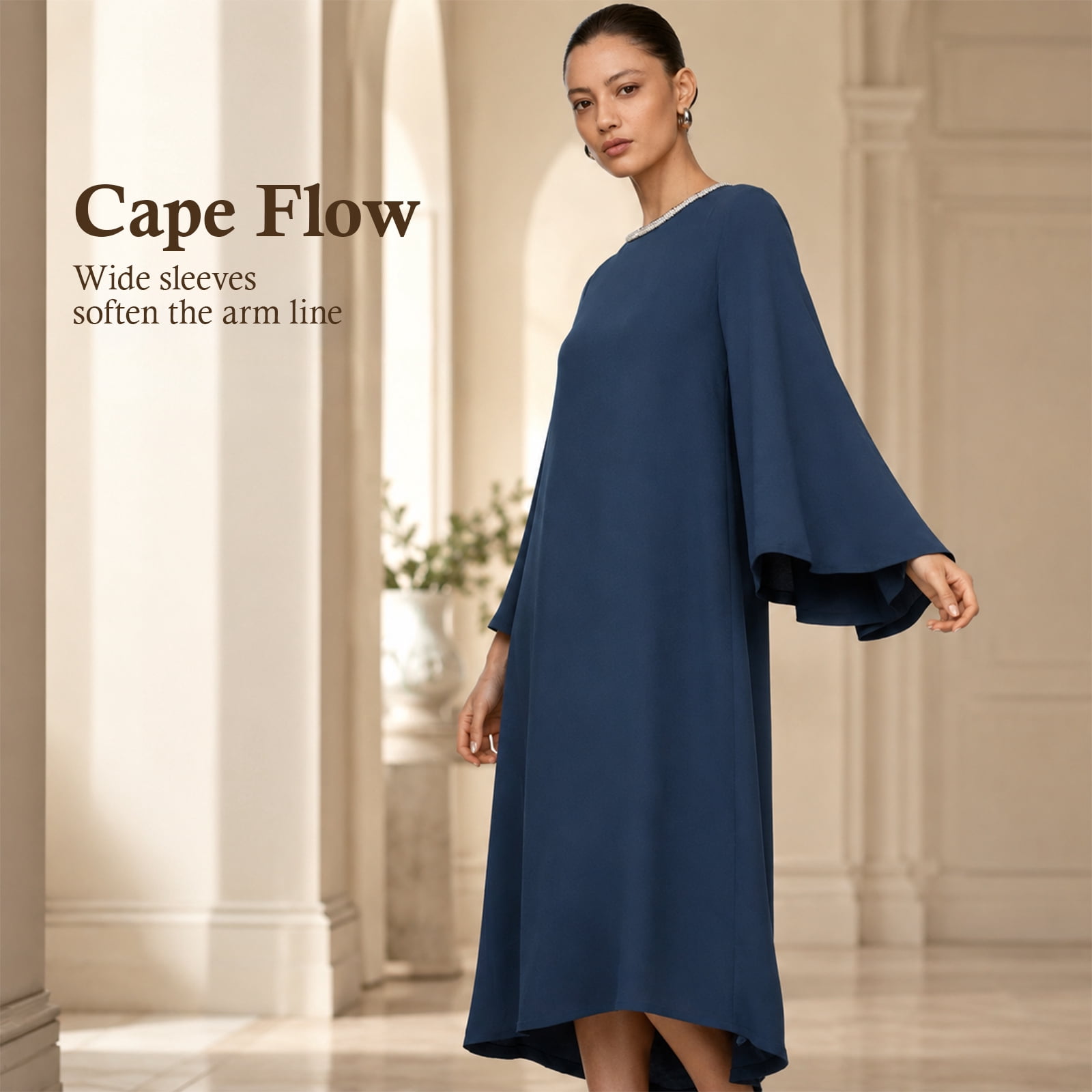 Alvantor Women's Cape Sleeve Midi Dress with Trimmed Neckline, Navy