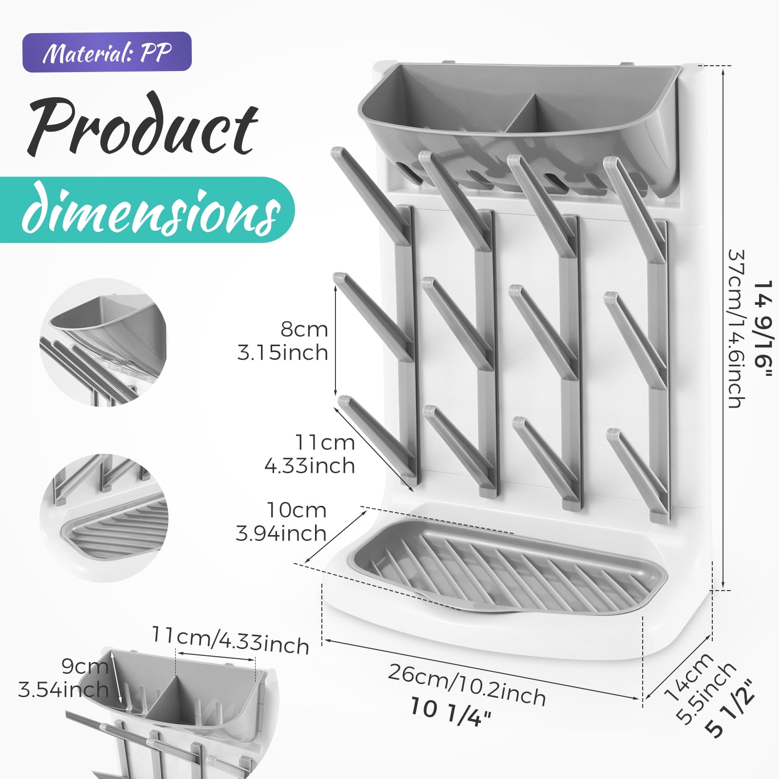 Threns Baby Bottle Drying Rack with 12 Hooks,Space Saving Kitchen Bottles Rack Dryer,Vertical Baby Bottle Holder Organizer for Countertop Storage Accessories
