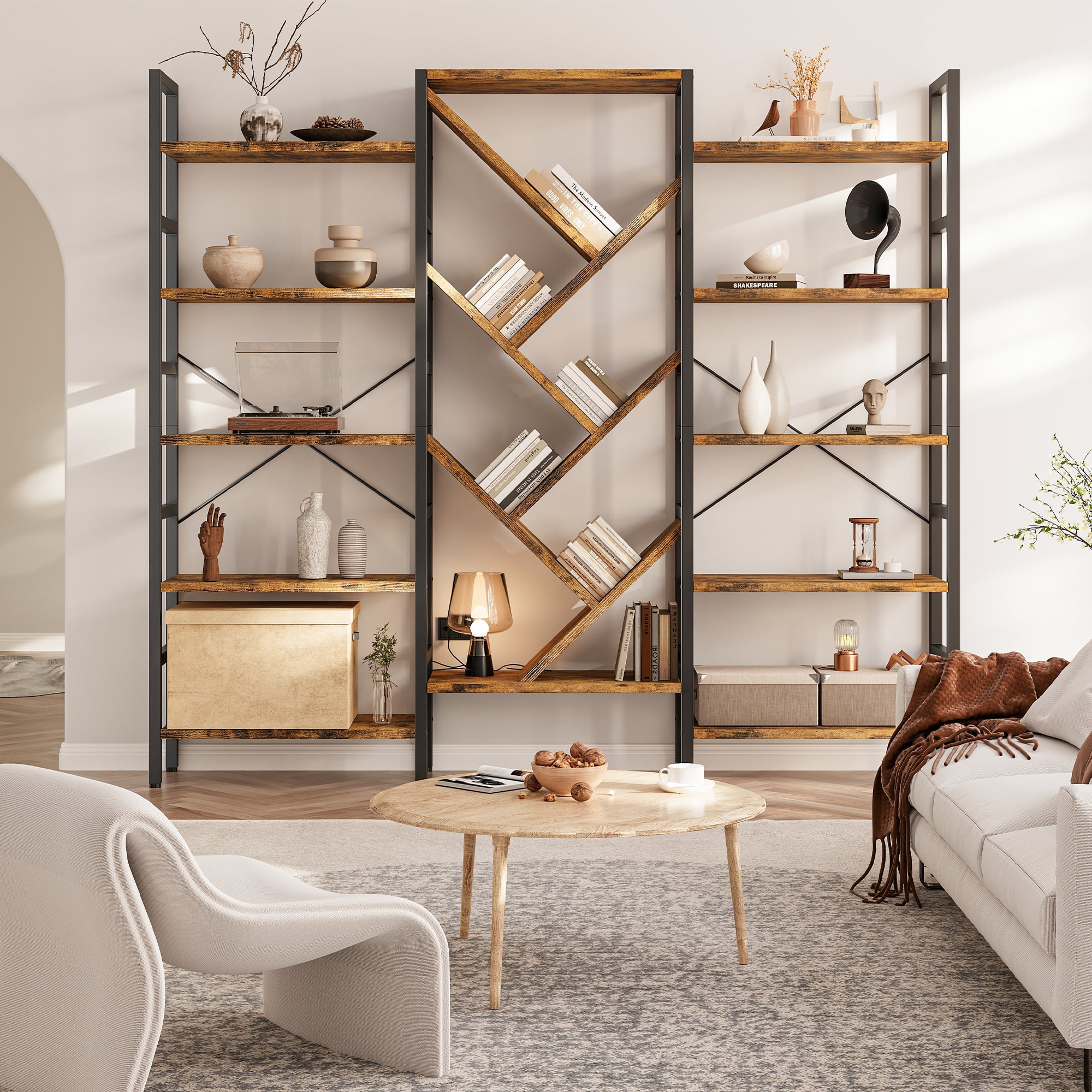 Triple 5 Tier Bookshelf, Large Wooden Bookcase with 17 Open Display Shelves, Modern Tree Book Shelf Metal Frame Tall Bookshelves Furniture for Living Room Bedroom Home Office Rustic Brown