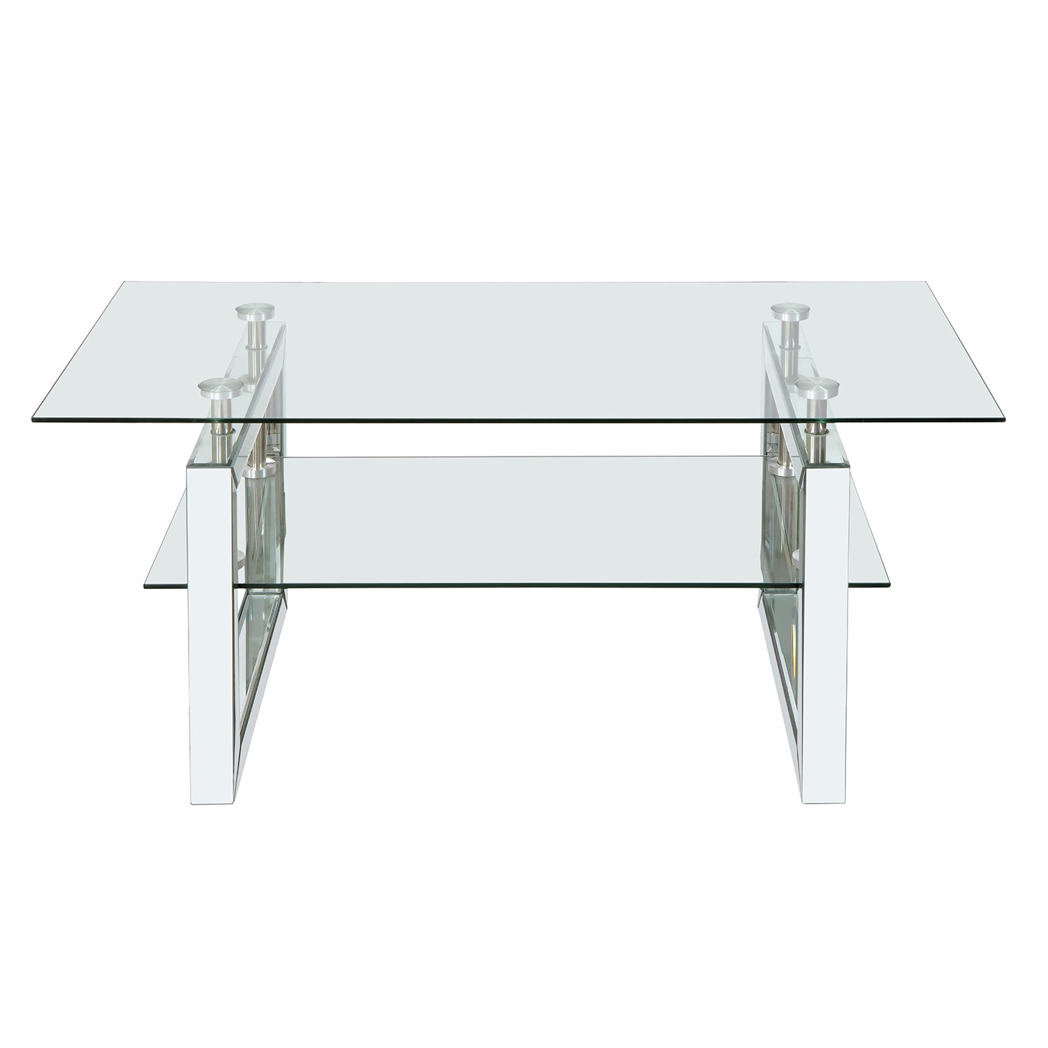 Kadyn Transparent Tempered Glass Coffee Table, Sofa Center Table with Lower Shelf and Metal Legs, Rectangle Tea Table for Living Room, Silver