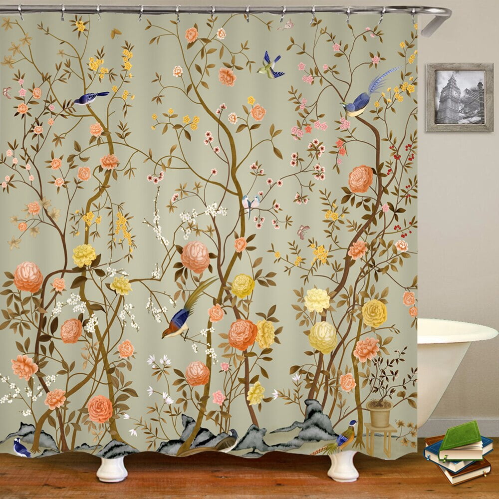 Chinese Style Flower Bird Shower Curtains Waterproof Bathroom Curtain