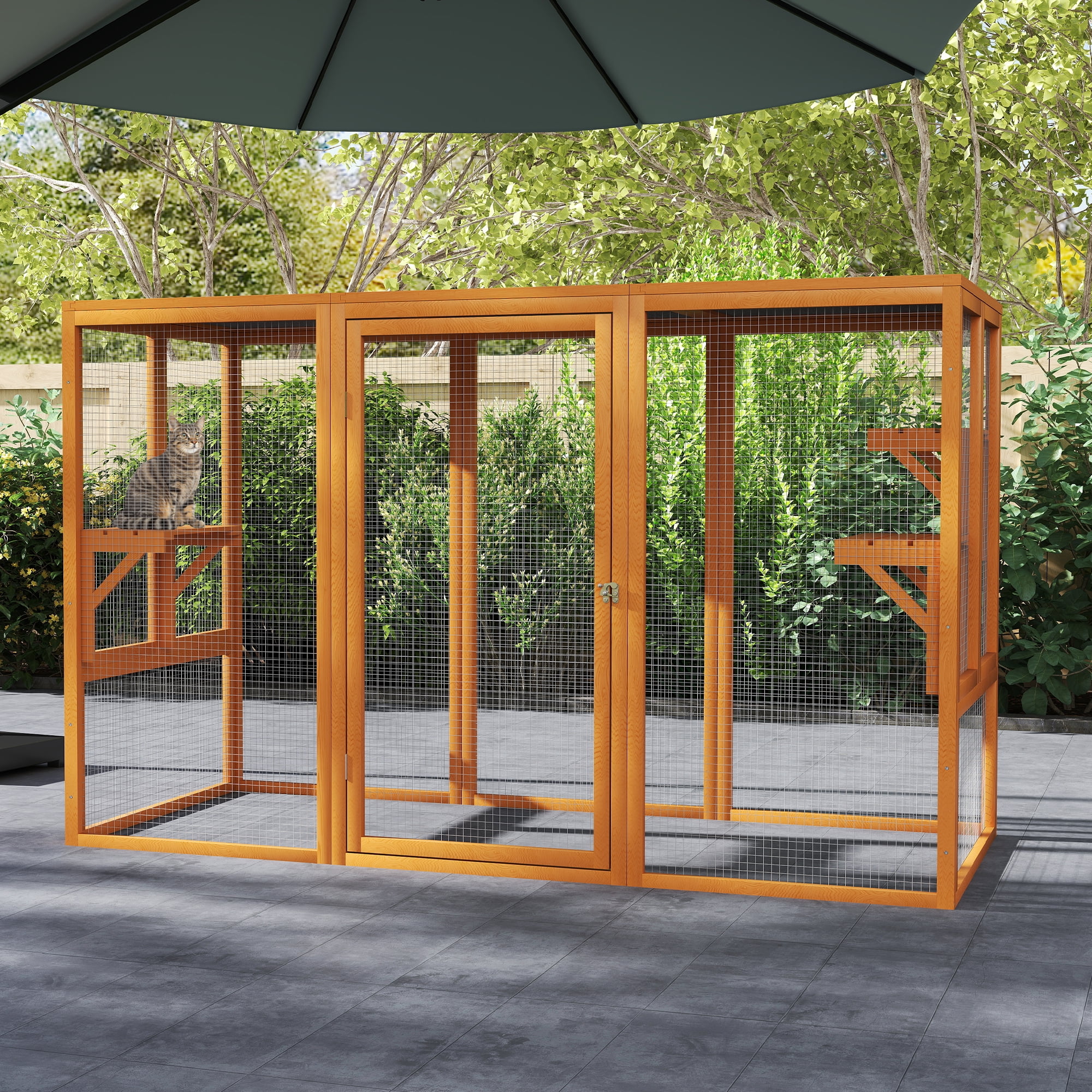 COZIWOW Outdoor Cat House, Wood Cat Catio with Platforms, Lockable Enter Door, Sunshine Panel, Cat Patio Cage Enclosure for Backyard Garden, Orange