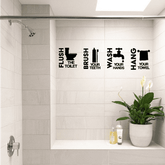 Bathroom Rules Wall Decal - Wash Brush Floss Flush Quote, Removable Vinyl Sticker