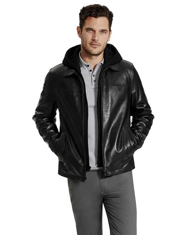 VINCE CAMUTO Mens Hooded Leather Jacket 