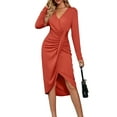 thumbnail image 2 of Women's Pleated Slit Midi Dress Elegant Evening Gown Fall Long Sleeve Solid V Neck Slim Fit Dress-Dark Green-XL, 2 of 7