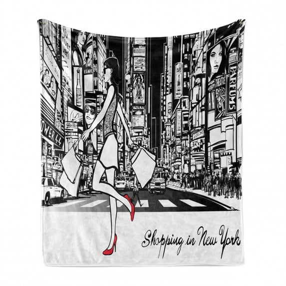 New York Soft Flannel Fleece Throw Blanket, Shopping Theme Lady Passing Crowded City on the Background, Cozy Plush for Indoor and Outdoor Use, 50" x 70", Dark Pink Charcoal Grey, by Ambesonne