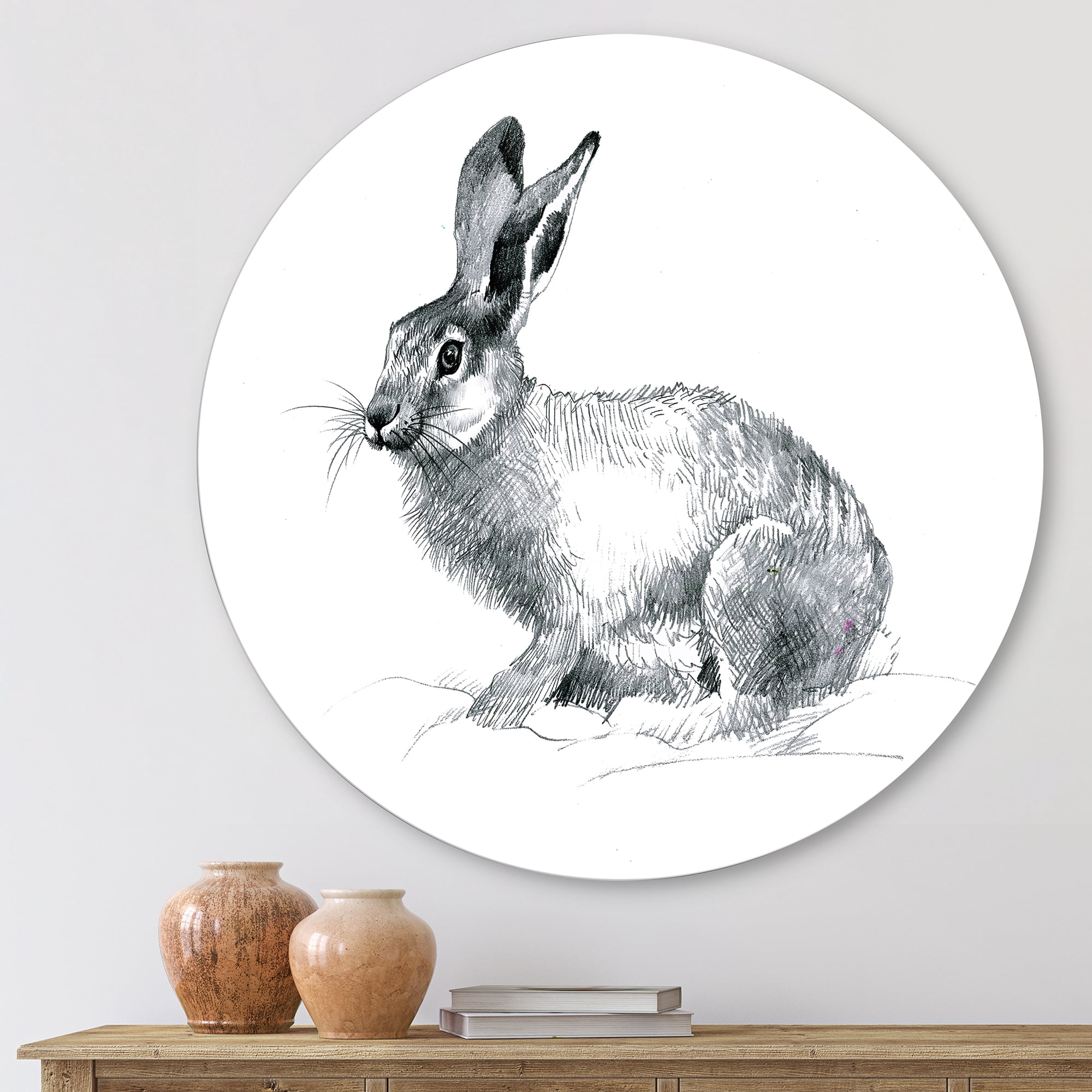 Designart 'Black and White Portrait Of Rabbit' Farmhouse Circle Metal Wall Art 23x23 - Disc of 23
