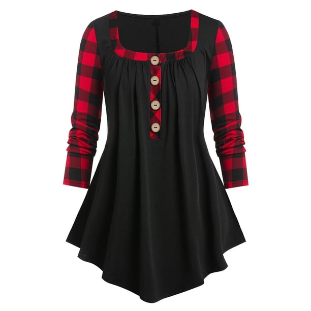 Camiseta Swing Talla Extra a Cuadros Rosegal Mangas largas de talla grande