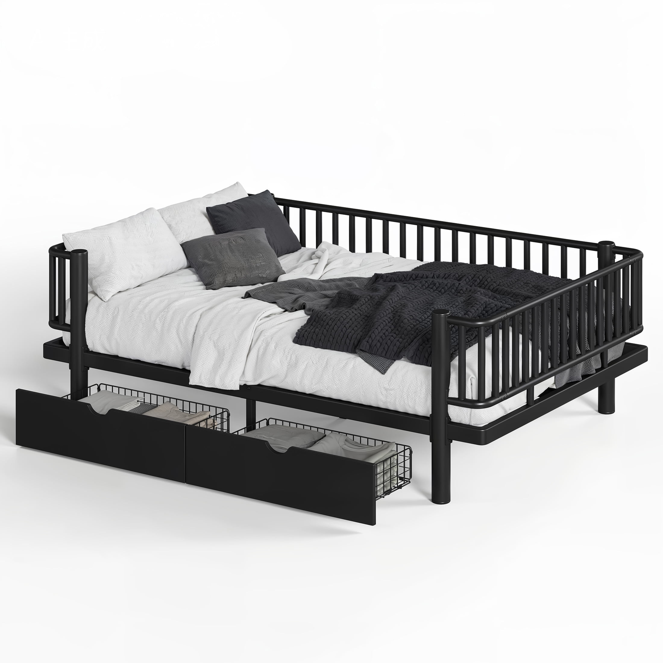 Noble House Full Size Platform Bed with Storage Drawers, Daybed Frame with Round-Pipe Design, Black
