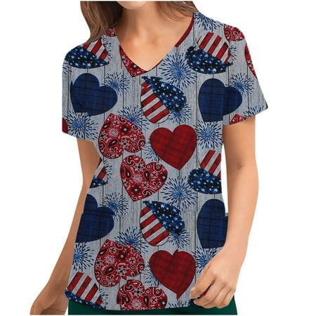 

Cute Scrub Tops for Women - American Flag Scrub_Tops Working Uniform Summer Short Sleeve V Neck T-Shirt with Pockets