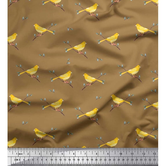Soimoi Cotton Poplin Fabric Leaves,Branches & Canary Bird Printed Craft Fabric by the Yard 42 Inch Wide