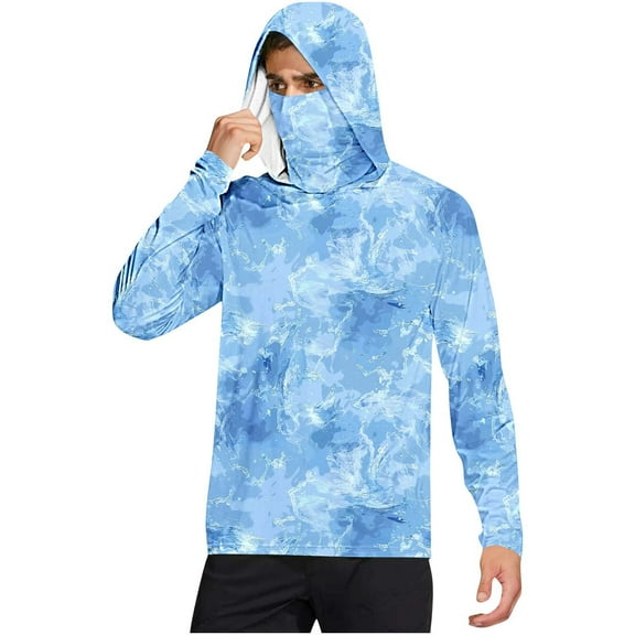 Fanxing Mens Quick Dry Sun Hoodies with Mask Silky Stretch Camo Fishing Shirts UV Protection Long Sleeve Rash Guard Swim Shirt Athletic Workout Tshirts Light Blue,XL