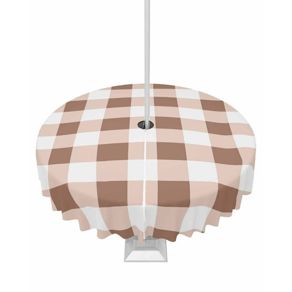 Lsrtoss Outdoor Tablecloth with Umbrella Hole & Zipper, Brown Checkered Round Tablecloth 60 Inch, Farmhouse Buffalo Plaid Patio Table Cover Waterproof Table Cloth for Picnic/Party