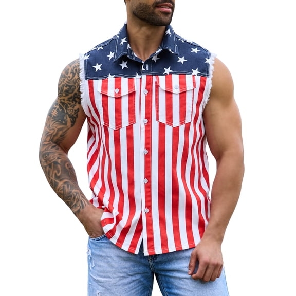 Men's Denim American Flag Retro Vest Stretch Sleeveless Jean Shirt Collar Slim Fit Lightweight(Red White and Blue,L)