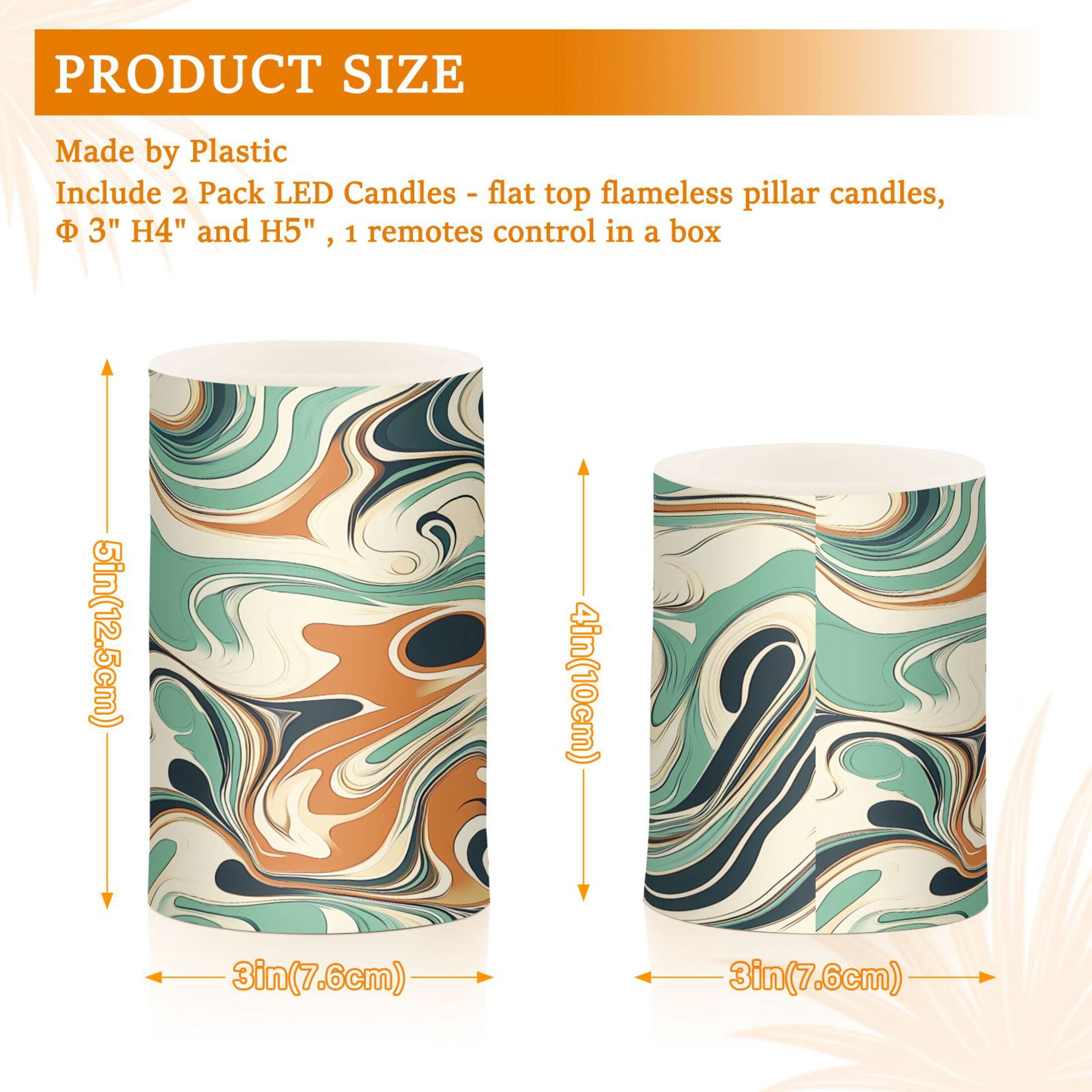 Flickering Flameless LED Candles set of 2 Battery Operated 18-Key Remotes Timer Halloween Fall Decor Teal Orange Marble D3''xH4''5''