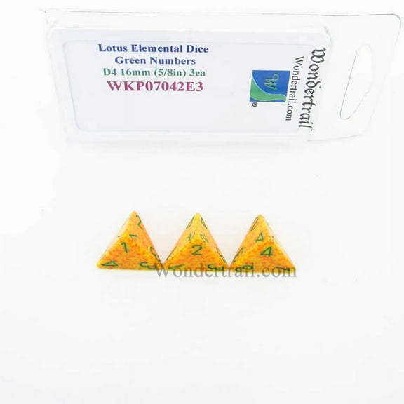 Lotus Elemental Dice with Green Numbers D4 16mm (5/8in) Pack of 3 Wondertrail